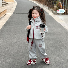 外贸女童2025春秋套装韩版休闲外套束脚裤女孩洋气连帽运动两件套