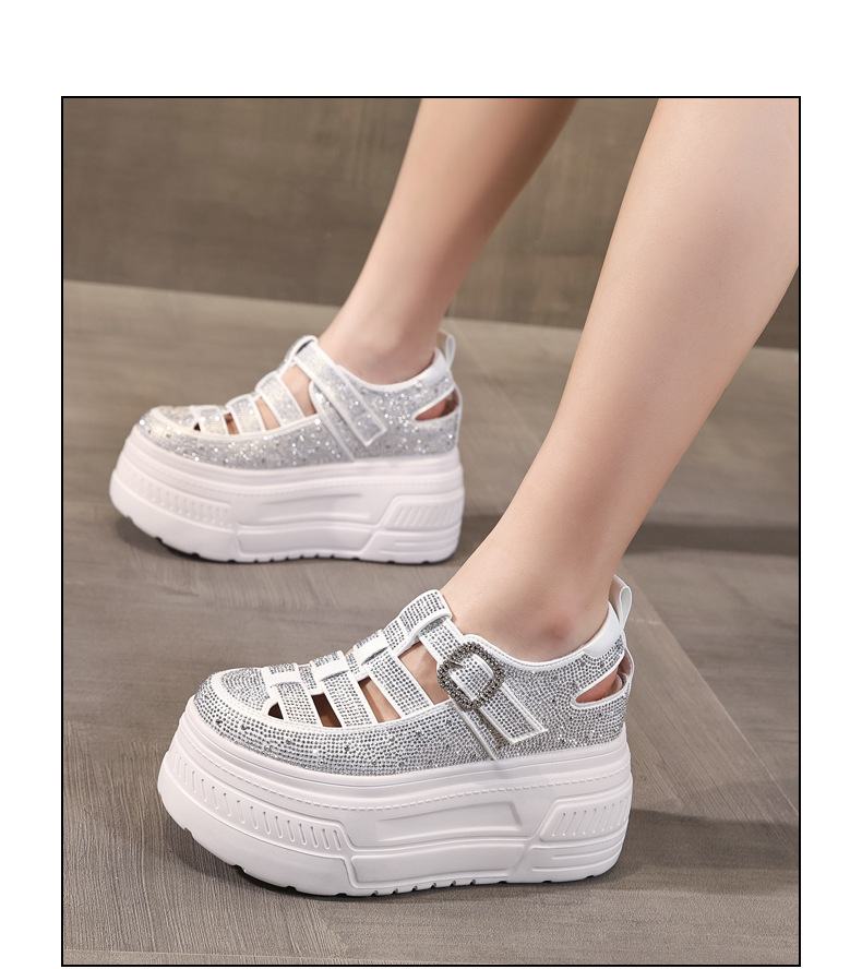 Giày sneaker nữ đế dày tăng chiều cao, phối đá rhinestone, kiểu dáng thể thao trắng tinh — màu trắng chi tiết 15