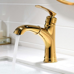 Sliding Gold Brass Single Hole Bathroom Sink Faucet with Hot and Cold European and American Style Telescopic Undermount Sink Faucet
