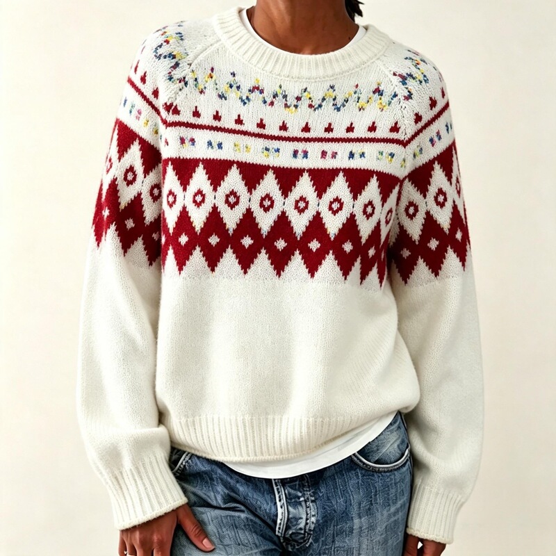 Amazon round-neck, raglan-sleeve, loose-fit pullover knit sweater, export-quality, with diamond-patterned trim, Fair Isle sweater for women Amazon round-neck, raglan-sleeve, loose-fit pullover knit sweater, export-quality, with diamond-patterned trim, Fair Isle sweater for women