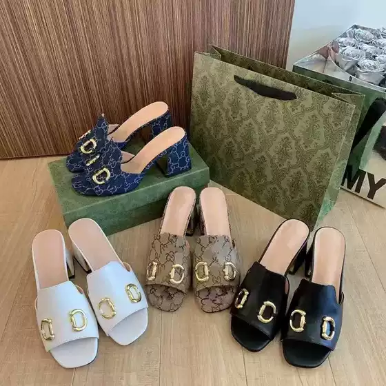 Foreign Trade Slippers for Outer Wear Metal Thick Heel Slippers 03 Summer Square Toe Sandals g Family Horsebit Candy Color
