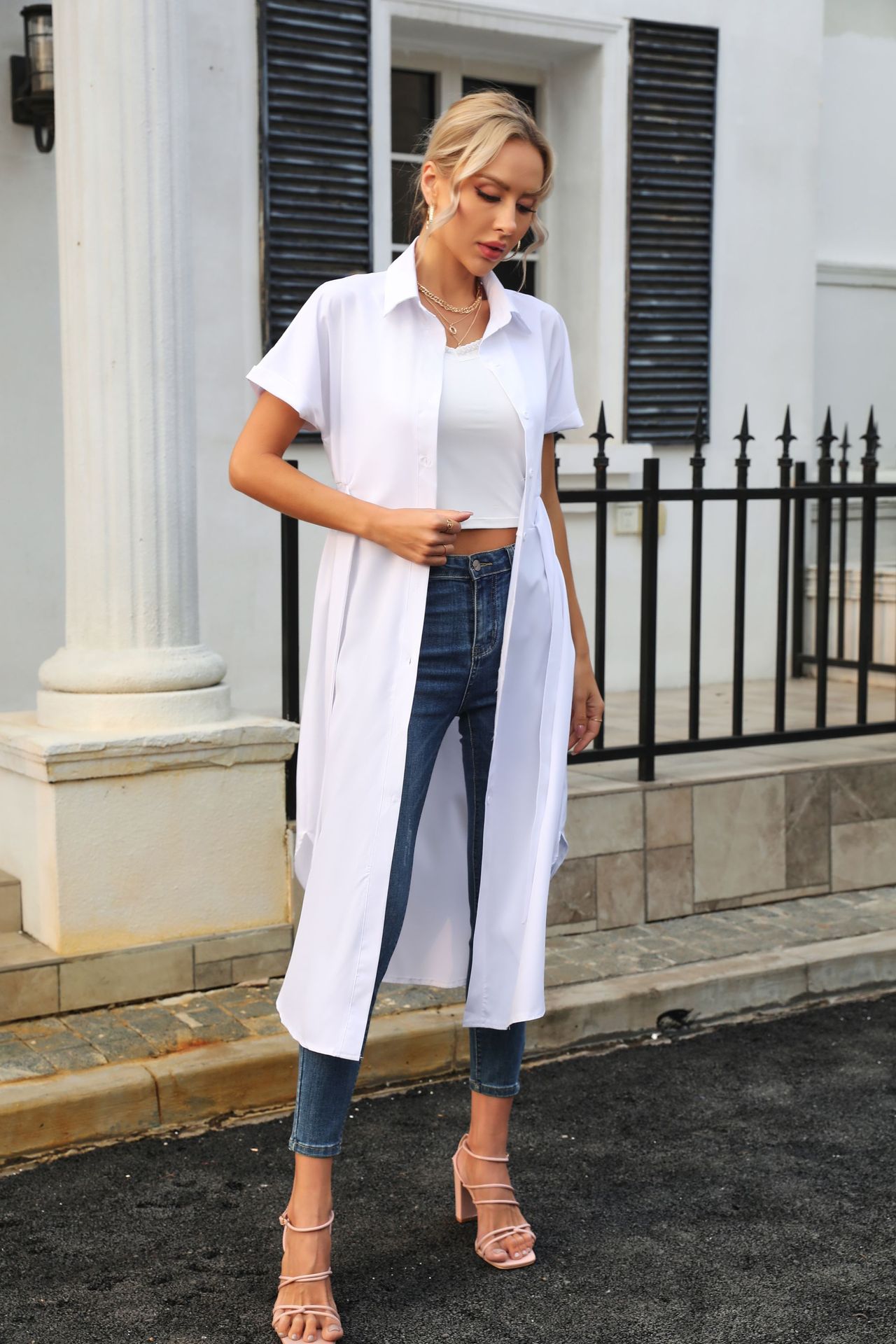 Shirt Dress Women Roll Sleeve Short Sleeve Belt Mid dress Women Summer Women Clothing