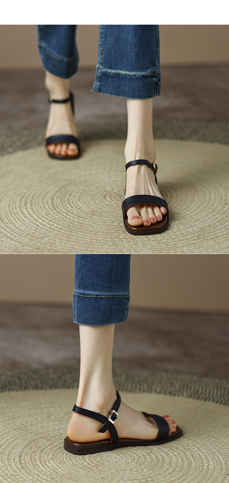 Sandal nữ quai ngang đế bệt hở mũi khóa gài đơn giản — Màu đen chi tiết 6