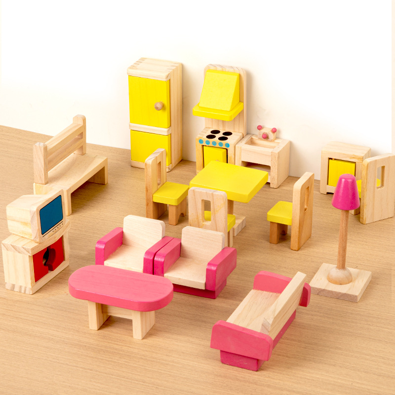 Divertido juguete de juego para niños 26 piezas de pequeños juegos de muebles mini muebles de madera simulación dormitorio cocina sala de estar