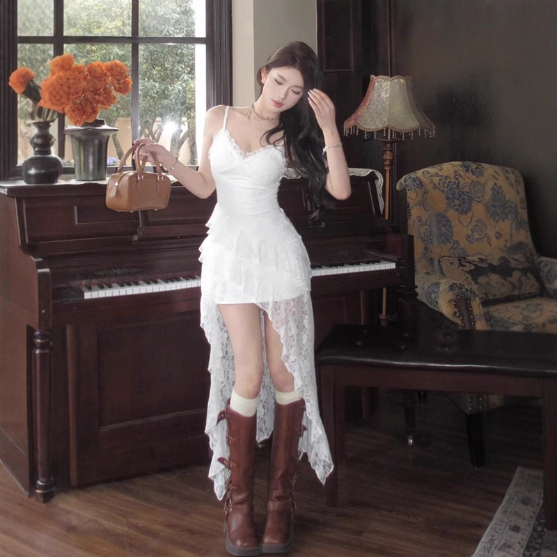 French Lace V-Neck Suspender Dress for Women Summer Vacation Asymmetrical Skirt White Stunning Waist Mid-Length Skirt