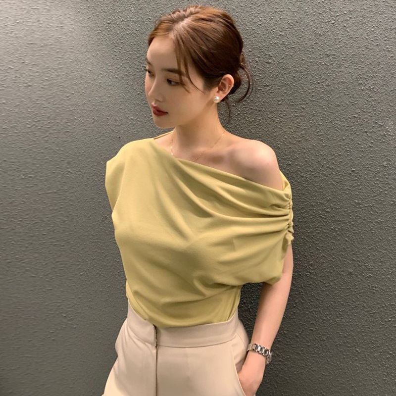韩国chic2025夏季法式不规则斜肩设计感宽松纯色套头短袖T恤女潮|undefined