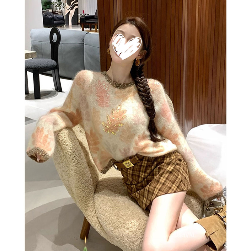 2025秋季新款美拉德风卡其色圆领长袖上衣女格纹半身裙短裙两件套|undefined
