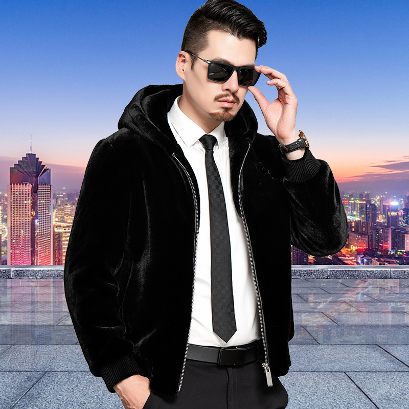 2024 Winter Men's Mid-length Haining Fur One-piece Mink Coat Young and Middle-aged Hooded Thickened Fur Coat