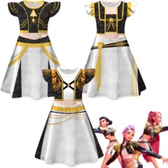 跨境新款K-POP:猎魔女团表演cos女童飞飞袖牛奶丝连衣裙+包包