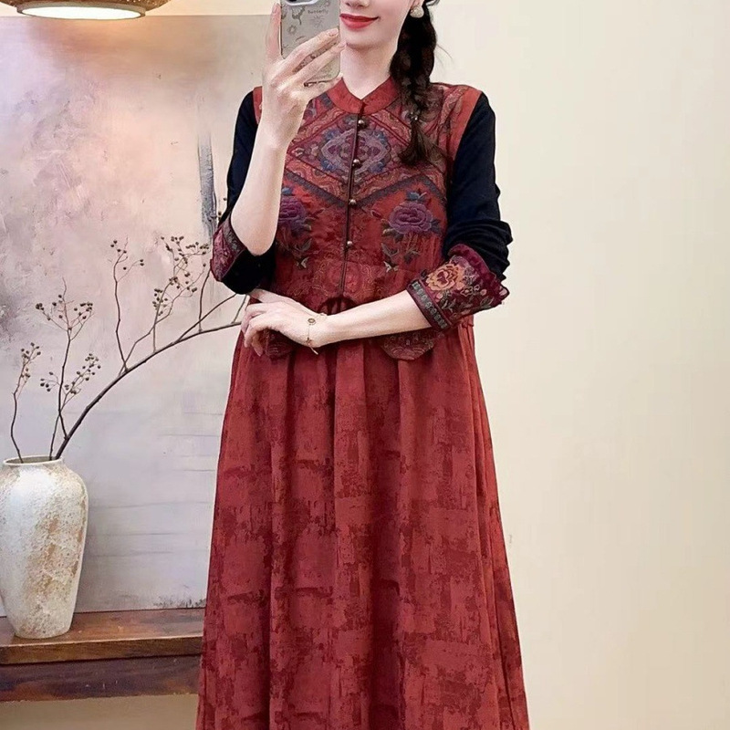 Spring Style Chinese-Style Heavy Embroidery Women's Dress, Sleeveless Extended Length Satin Jacquard Women's Tank Dress
