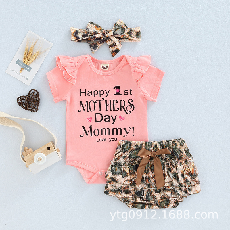 Cross-border Baby Girl's Mother's Day Day English Printed Pink Short-sleeved Top Leopard Print Shorts Turban