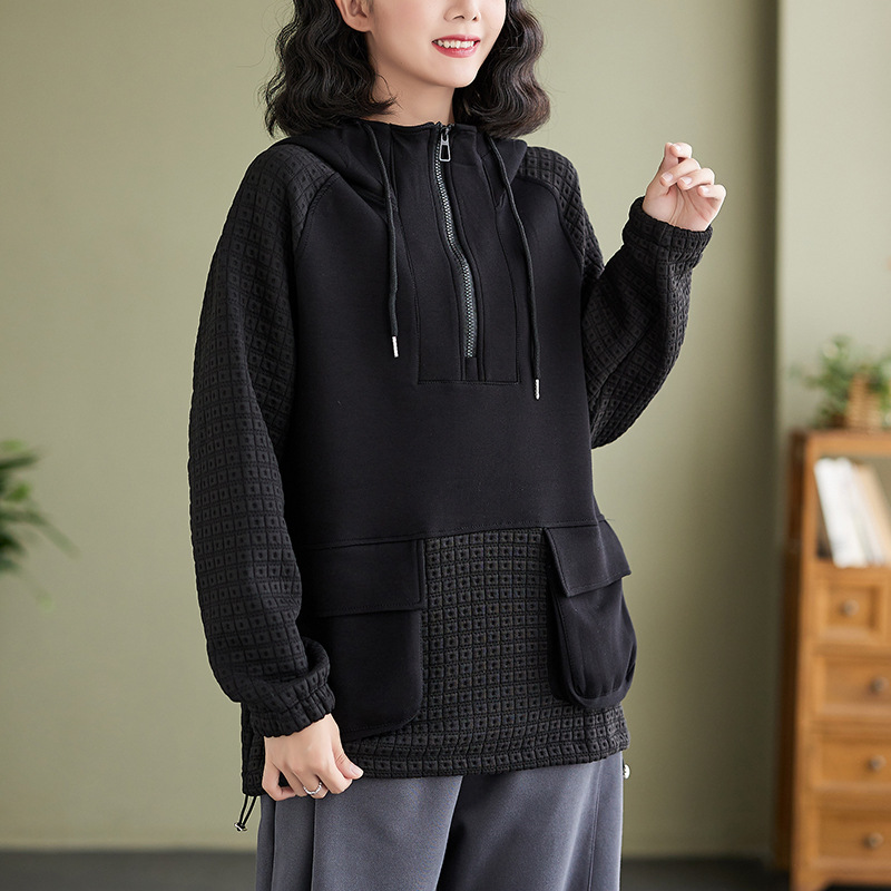 리얼 샷 가을과 겨울 새로운 두꺼운 패셔너블 한국 스타일 슬리밍 올매치 우아한 컬러 스티칭 후드 지퍼 땀
