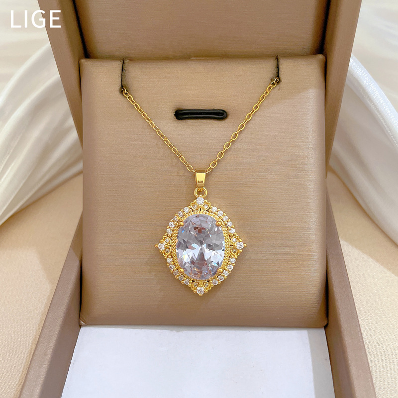 【 Titanium Steel 】 Necklace and earring set, light luxury heavy Industry, Oval Full diamond, personalized and elegant banquet earrings and necklaces pic 10