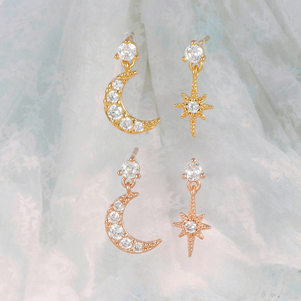 1 Pair Ig Style Star Moon Asymmetrical Plating Inlay Copper Zircon 18k Gold Plated Drop Earrings display picture 5