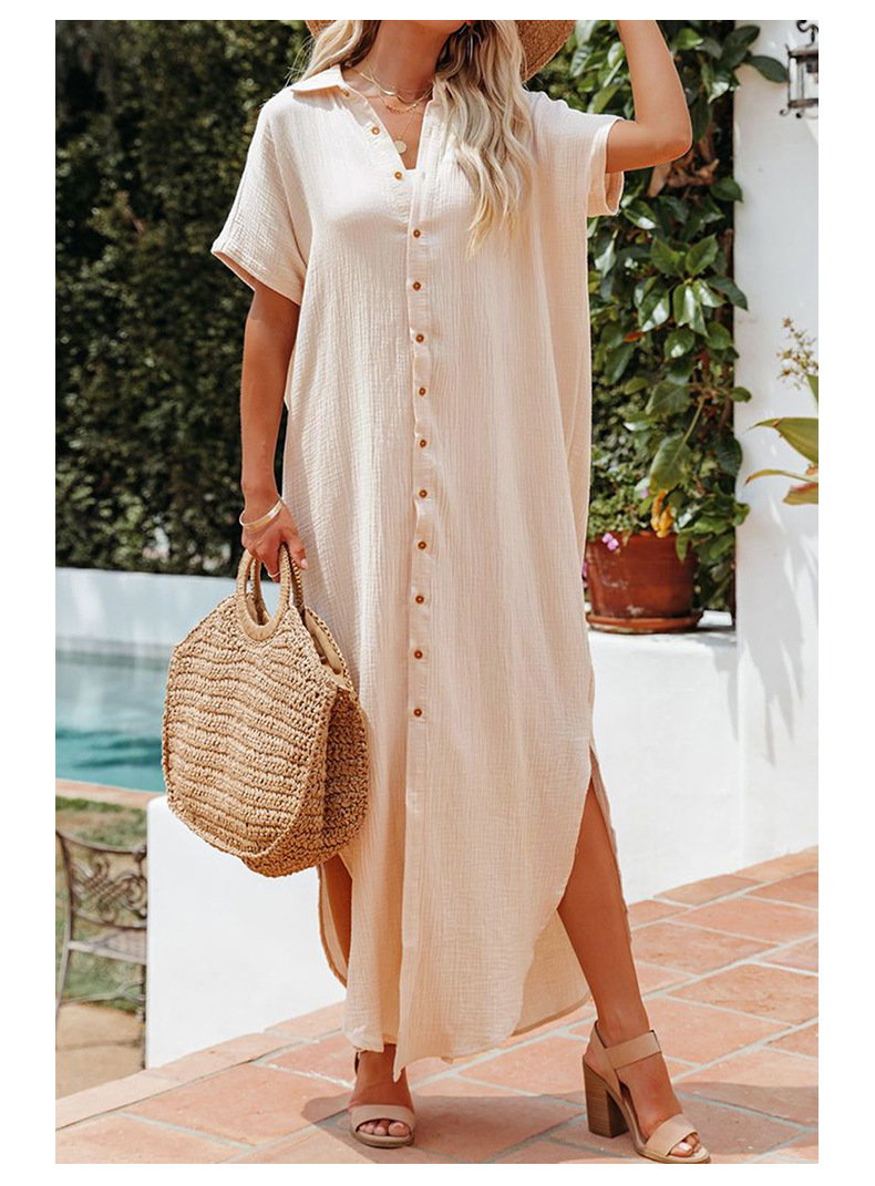 Solid Color Shirt Women Simple Summer Long V-neck Single Breasted Short Sleeve Cardigan Shirt Women 6 Solid Color Shirt Women Simple Summer Long V-neck Single Breasted Short Sleeve Cardigan Shirt Women