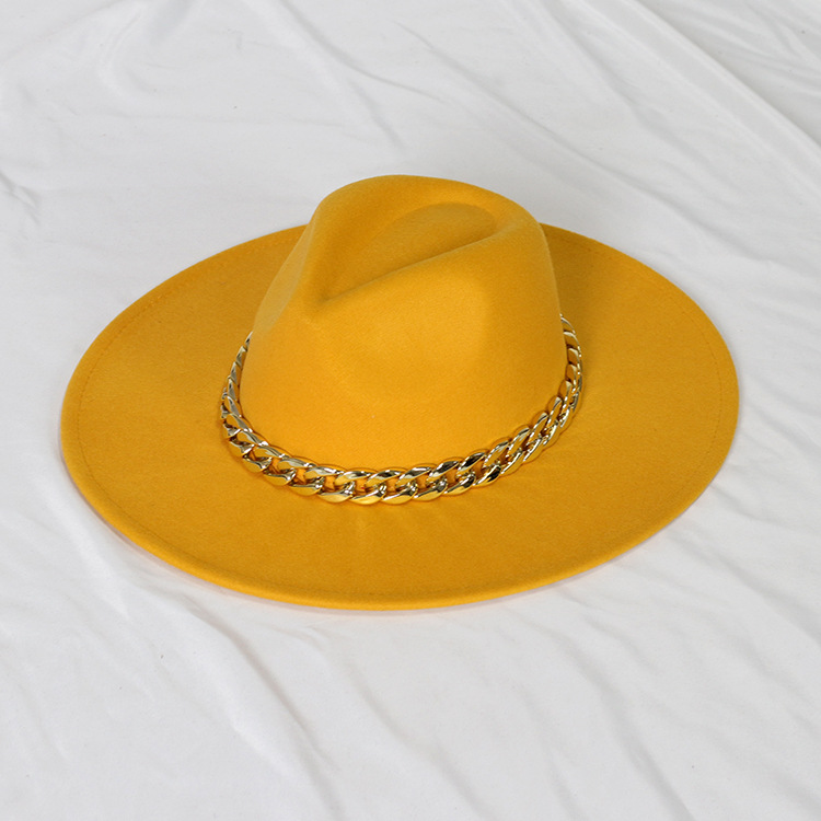 Sombrero de jazz con cadena dorada, sombrero francés vintage de ala ancha en forma de corazón para mujer, sombrero de fieltro oversize.