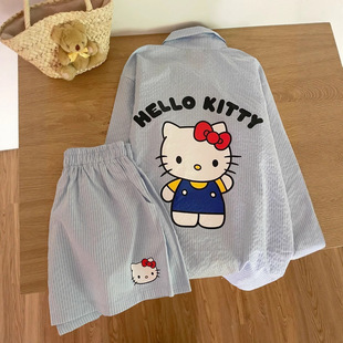 Casual Stripesd Cartoon Sweet Hello Kitty Cloud Cotton Pajamas Women's Summer Long-Sleeved Shorts Home Wear Suit Outer Wear