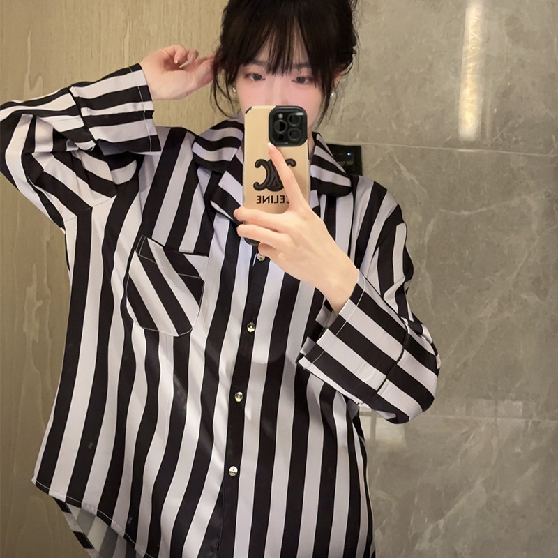 [Urban beauty] 2023 new spring and autumn striped Japanese pajamas women's long-sleeved design high-grade home wear