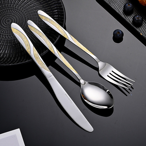 叉子不锈钢餐具西餐刀叉勺复古浮雕镀金勺子酒店牛排刀叉套装批发