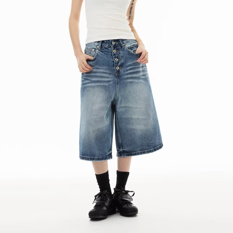 American Retro Casual Trendy Brand Whiskered Washed Vintage Loose Wide-Leg Cropped Denim Shorts with Side Pockets American Retro Casual Trendy Brand Whiskered Washed Vintage Loose Wide-Leg Cropped Denim Shorts with Side Pockets