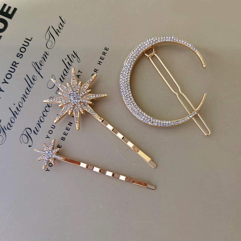 Europe And America Star Moon Hairpin Set Fashion Diamond Word Clip Retro Side Clip display picture 2