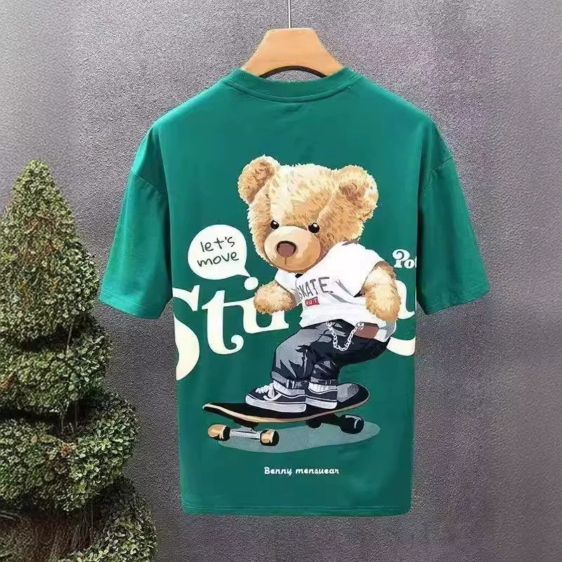 Футболка с короткими рукавами и принтом американского мультяшного медведя, Мужская Новая летняя рубашка 2024 года, Молодежная Модная брендовая футболка с круглым вырезом