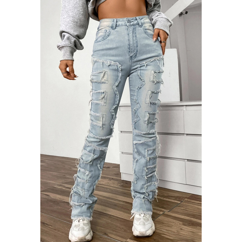 Cross-Border Wish Amazon Export Fashion Jeans for Women 2025 New European and American Patch Layered Straight Long Pants