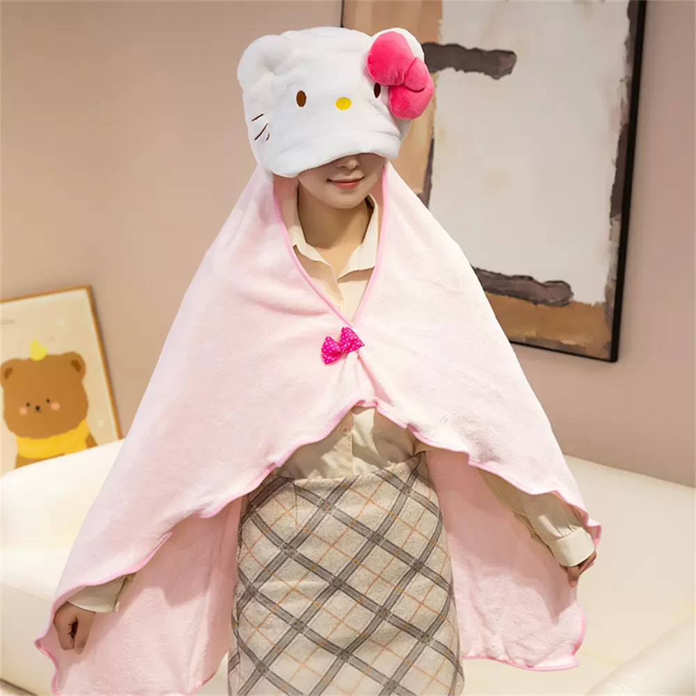 新款卡通可爱四季粉嫩少女心小猫披风斗篷宅人家居午睡宿舍空调毯