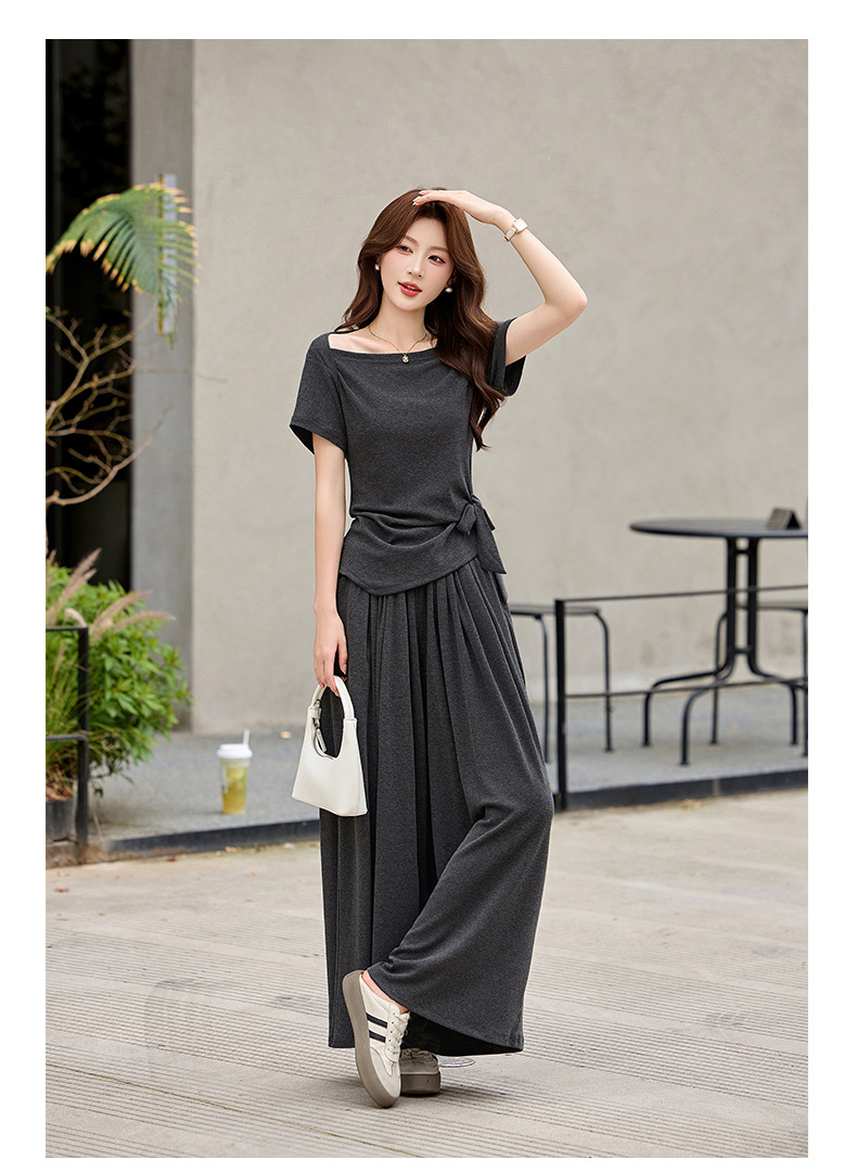 Bộ quần áo nữ thiết kế dây rút, áo phông phối quần ống rộng, form rộng thoải mái — Màu ảnh chi tiết 14