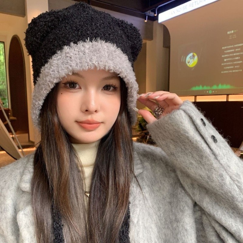 拼色帽子泰迪绒小熊耳朵绑带雷锋帽女韩国可爱冬天保暖护耳针织毛|undefined