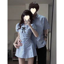 情侣装夏季蓝色学院条纹衬衫连衣裙女法式收腰显瘦短裙子一衣裙