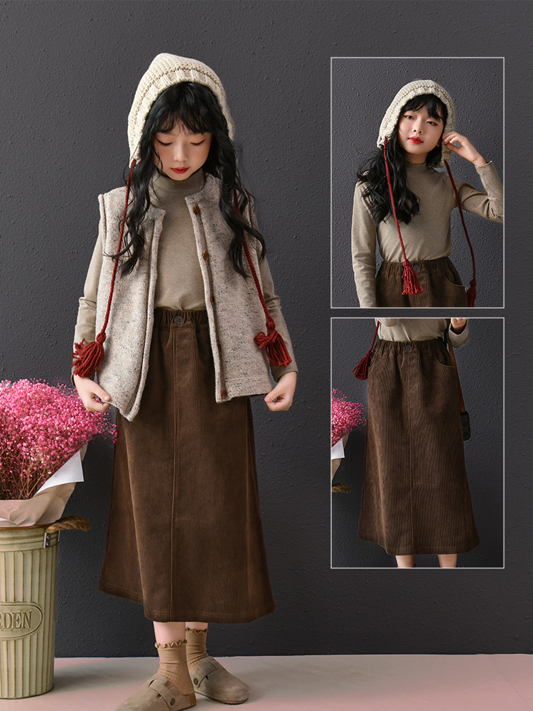 Falda de media longitud para niñas otoño e invierno para niños, falda cálida de pana de cintura alta retro para niños