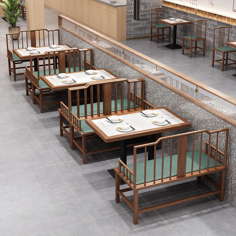 Nuevo restaurante de estilo chino occidental sofá de asiento de ficha contra la pared estilo nacional de estilo Hunan restaurante de cocina de madera maciza cubierta tabla de roca mesa de comedor combinación de silla