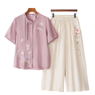 Mother summer suit 2025 new fashion western style cotton and linen short sleeve middle-aged women's old lady grandma clothes