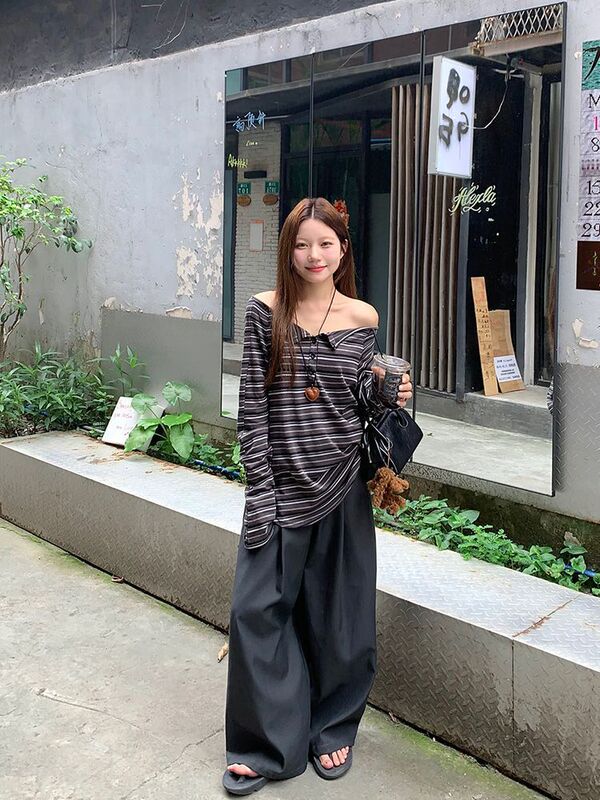 【自家工厂现货】慵懒风条纹一字肩长袖女宽松T恤休闲中长款上衣|undefined