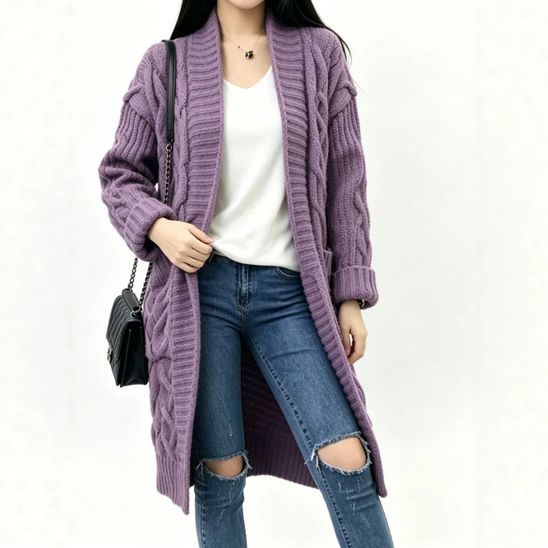 European and American cross-border loose cable-knit sweater for women, 2026 autumn and winter new casual long knitted cardigan with pockets European and American cross-border loose cable-knit sweater for women, 2026 autumn and winter new casual long knitted cardigan with pockets