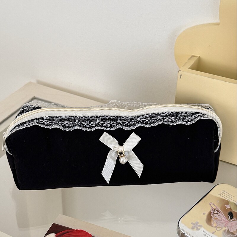 Cross-Border Pure Black Lace-Trimmed Storage Bag, Quilted, Cute, Ins-Style, High Aesthetic Value, Large Capacity, Universal Pencil Case for Students