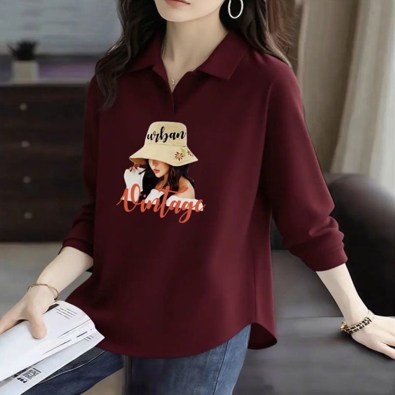 92% Cotton Long-Sleeved Polo Shirt T-Shirt Women's Design Loose Large Size Bottoming Shirt with Autumn and Winter New Lapel Top
