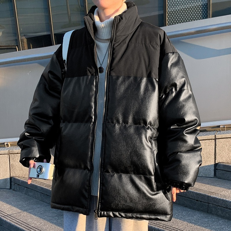 겨울 남자 다운 코튼 의류 수직 칼라 PU 가죽 코트 두꺼운 잘 생긴 빵 세트 한국 스타일 홍콩 스타일 Ins Loose