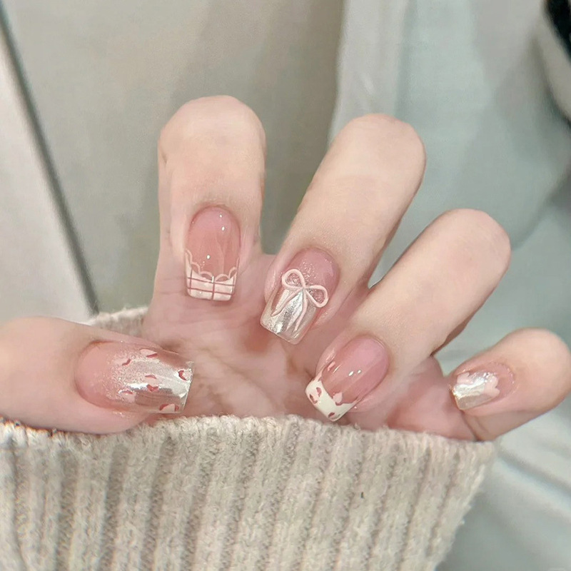 Lace Leopard Wear Nail Pieces Gray Gradient Plaid Nail Art Patch Short Sweet Cool Full Size Fake Nail Finished