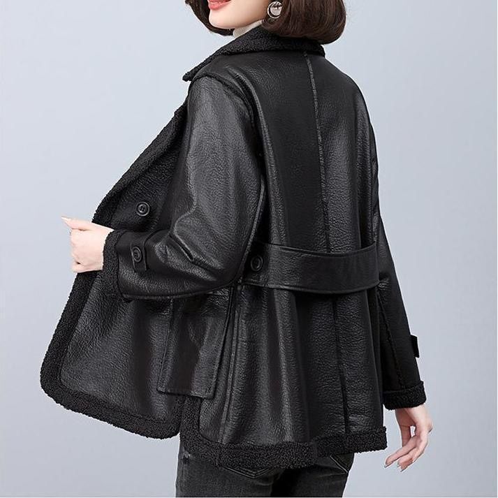 Women's Leather Jacket with Fleece, New Autumn and Winter Style, Haining Fleece-Lined, Thickened, Reversible, Loose Leather Jacket, Stylish Coat