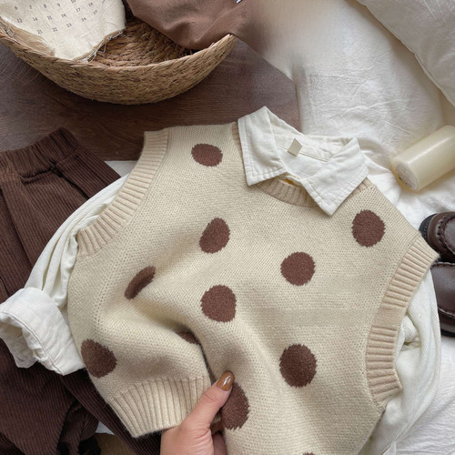  Korean Version Children's Spring and Autumn New Round Dot Vest Cardigan for Boys and Girls Retro Polka Dot Knit Top Trend