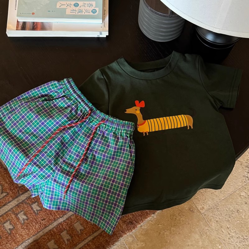 Children's Summer Shorts Suit 2025 New Fashionable Casual American Beach Plaid Pants Breathable Short Sleeves
