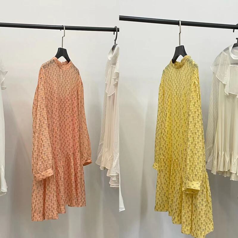 Tail single silk stand collar sequined round neck long sleeve loose dress