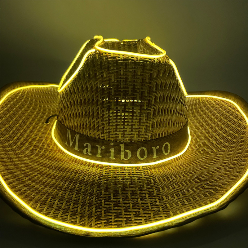 #614-3 3V无线款-草帽发光牛仔帽（翘沿卡其）（黄色）