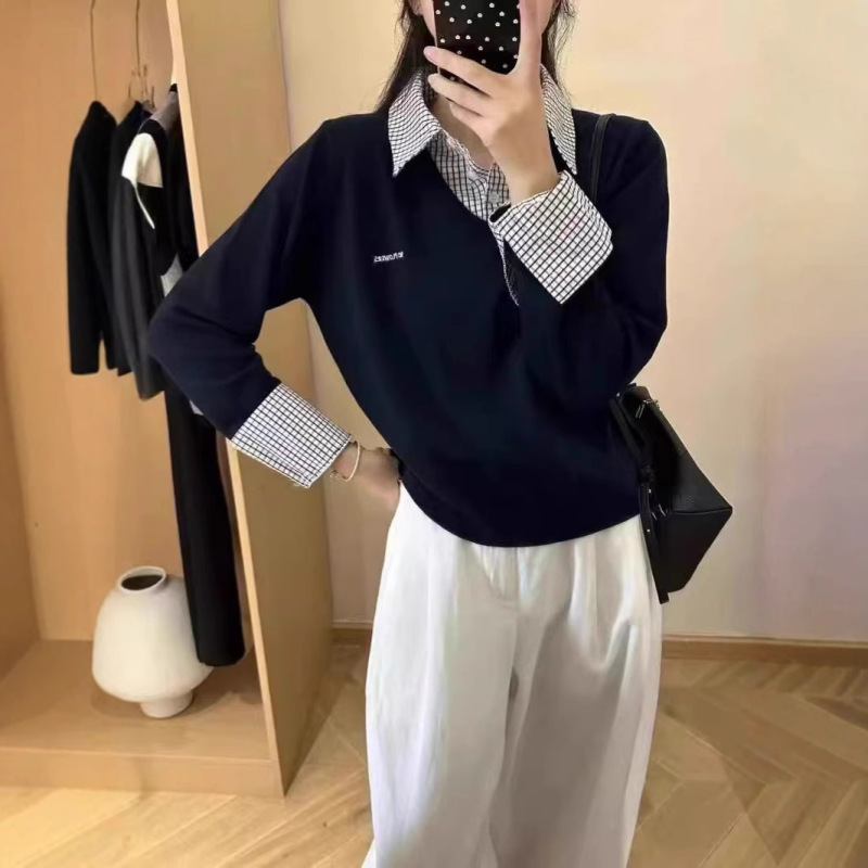 韓国風シンプルチェック柄シャツ襟長袖フェイクツーピースセータールーズ年齢軽減セーターレディースジャケット|undefined
