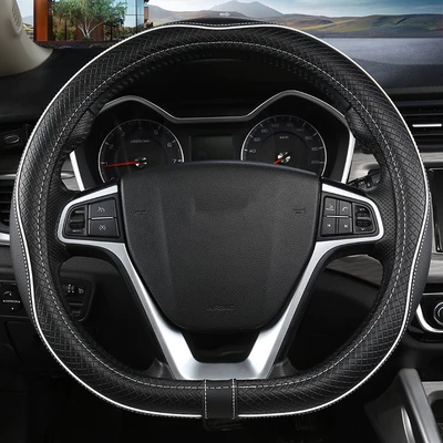 Steering wheel cover: windmill handle cover non-slip car - d-type-nappa-leather-black-line-white-stripes-38cm