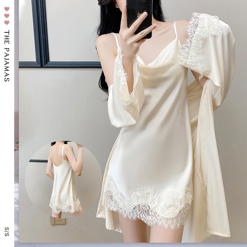 2026 New Solid Color Spaghetti Strap Light Luxury Sexy Lace Trim Nightgown Women's Slim Fit Home Nightdress