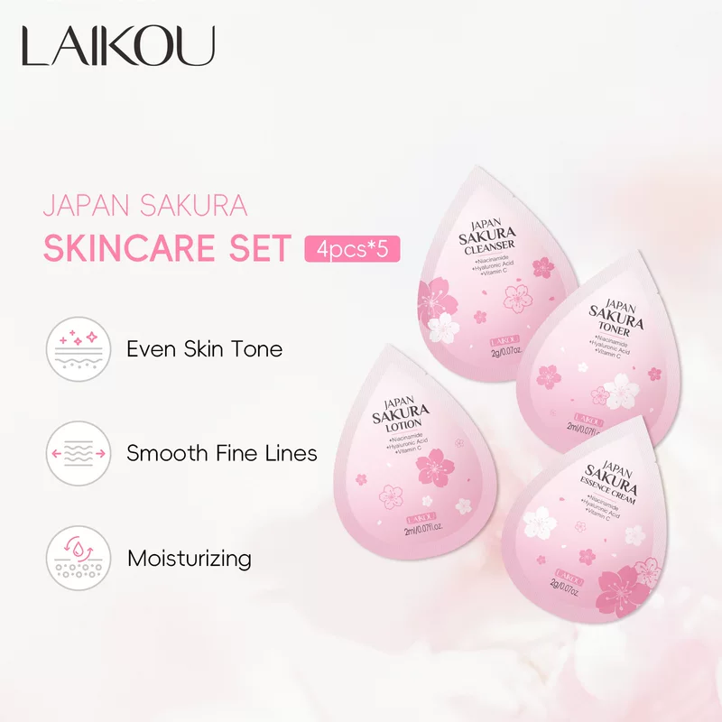 Набор образцов Sakura ухода за кожей (LAIKOU) — очищающее средство, тонер, лосьон, эссенция крем в sachets по 2 мл