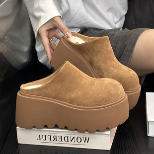Half-covered cotton slippers women's 2024 autumn and winter new thick-soled fleece-lined platform cake bottom fashion casual all-match cotton slippers